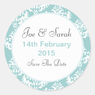Blue & White Damask Save the Date Wedding Stickers