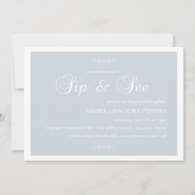 Blue & White Damask Sip And See Invitation (Front)