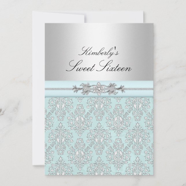 Blue & White Damask Sweet 16 Announcements (Front)