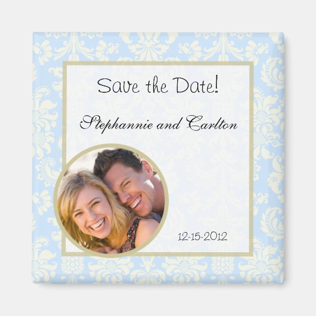 Blue/White Damask Wedding Announcement Magnet (Front)
