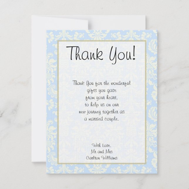 Blue/White Damask Wedding Flat Thank You Card (Front)
