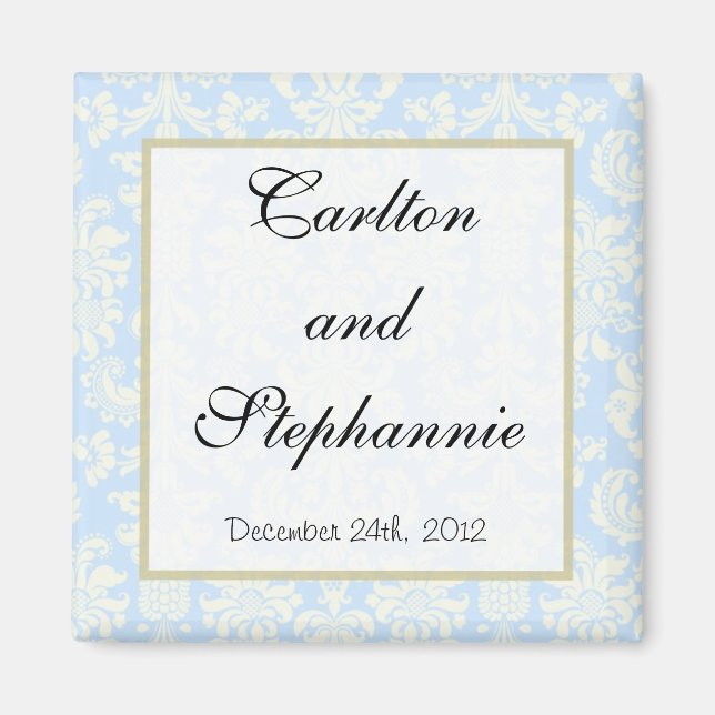 Blue/White Damask Wedding Magnet Favour (Front)