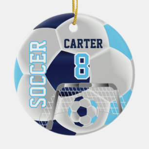 Blue, White & Dark Blue Personalise Soccer  ⚽ Ceramic Tree Decoration