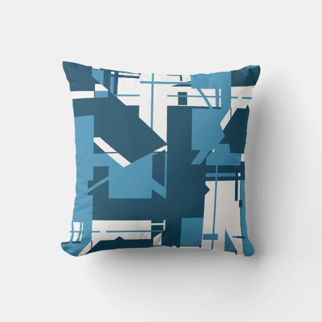 Blue White Dark Turquose Geometric Abstract Motif Cushion (Front)