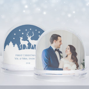 Blue White Deer Stag & Doe First Christmas Photo Snowglobe