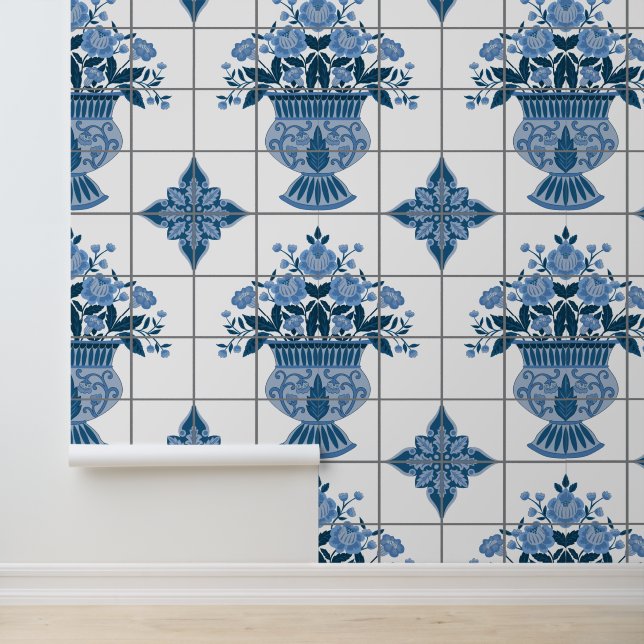 Blue & White Delft Floral Arrangement Tile Wallpaper (Application)