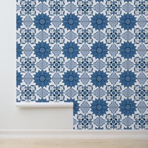 Blue & White Delft Floral Tile Pattern Wallpaper