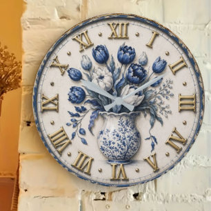 Blue White Delft Floral Vintage Porcelain Vase Large Clock