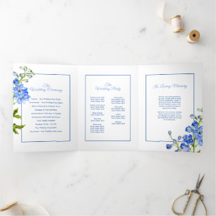 Blue white delphinium flowers watercolor wedding Tri-Fold programme