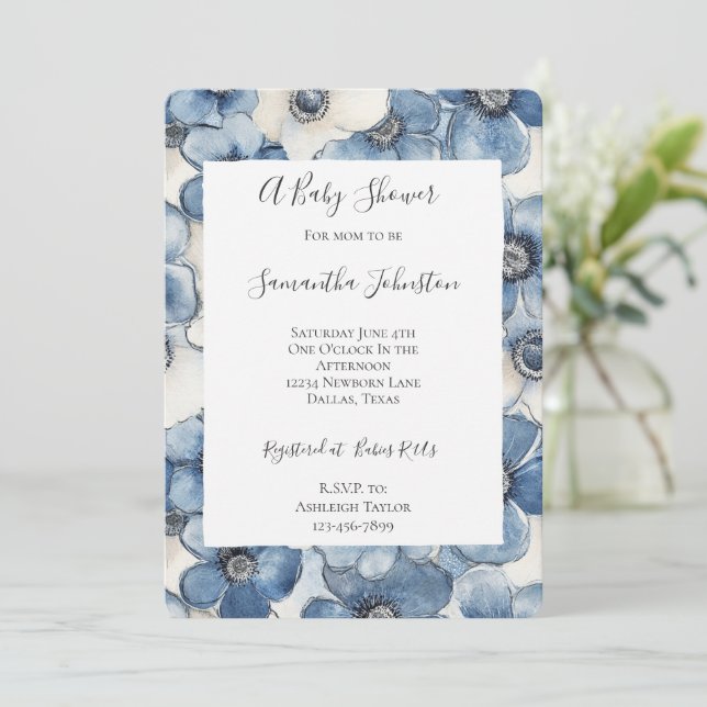 Blue White Denim Flowers Baby Shower Invitation (Standing Front)