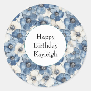 Blue White Denim Flowers Birthday Classic Round Sticker