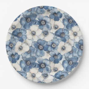 Blue White Denim Flowers Birthday Paper Plate