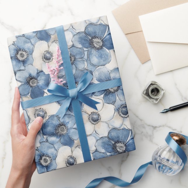 Blue White Denim Flowers Birthday Wrapping Paper (Gifting)