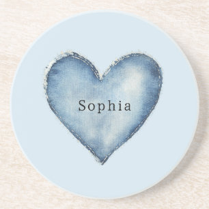 Blue White Denim Heart Coaster