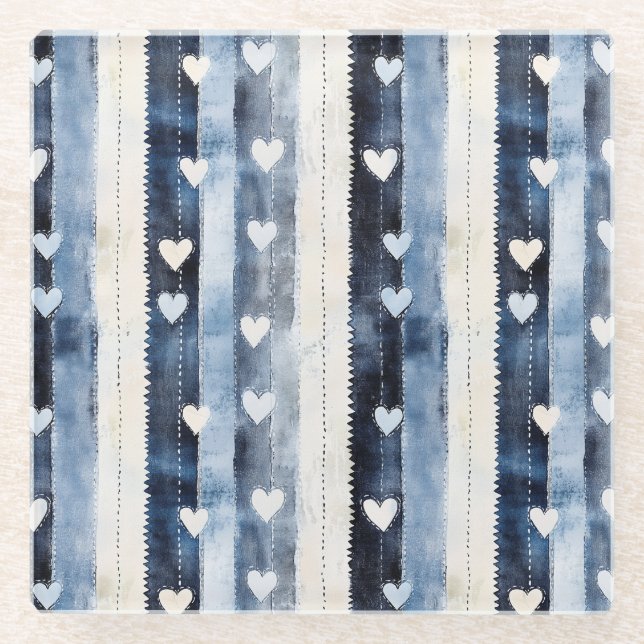 Blue White Denim Heart Stripes Birthday Glass Coaster (Front)