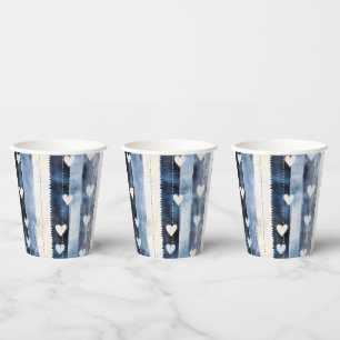 Blue White Denim Heart Stripes Birthday Paper Cups