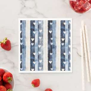Blue White Denim Heart Stripes   Napkin