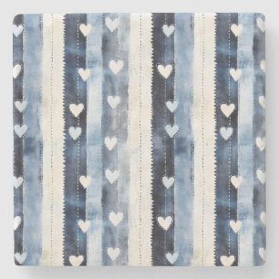 Blue White Denim Heart Stripes Stone Coaster
