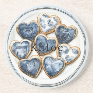Blue White Denim Hearts Coaster