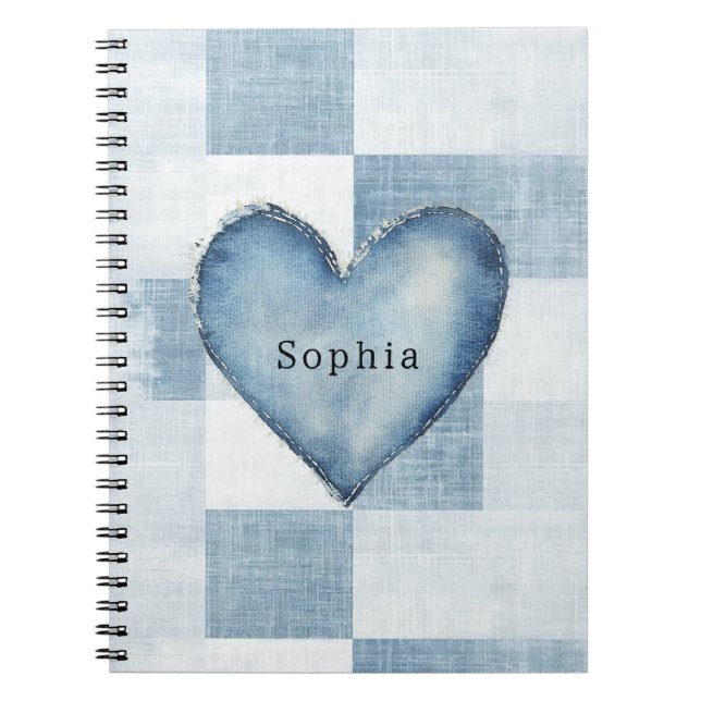 Blue White Denim Jean Heart Personalised Name Notebook (Front)