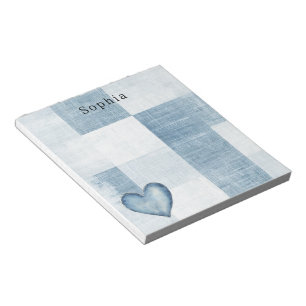 Blue White Denim Jean Heart Personalised Name Notepad