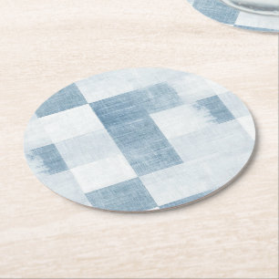 Blue White Denim Jean Stripes Birthday Round Paper Coaster