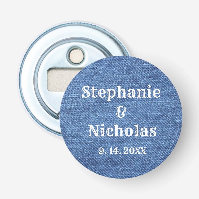 Blue White Denim Theme Wedding Bottle Opener (Front)