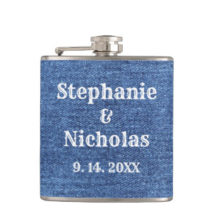 Blue White Denim Theme Wedding Hip Flask