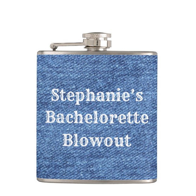 Blue White Denim Theme Wedding Hip Flask (Front)