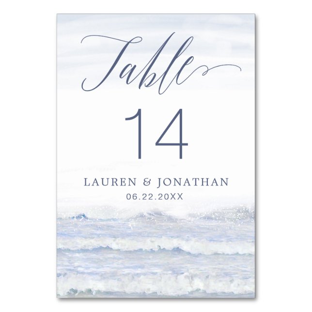 Blue, White Destination Wedding, Ocean Waves Table Number (Front)