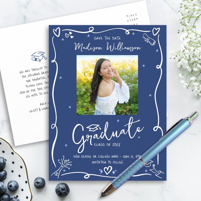 Blue White Doodles Graduation Save the Date Photo Invitation Postcard (Creator Uploaded)