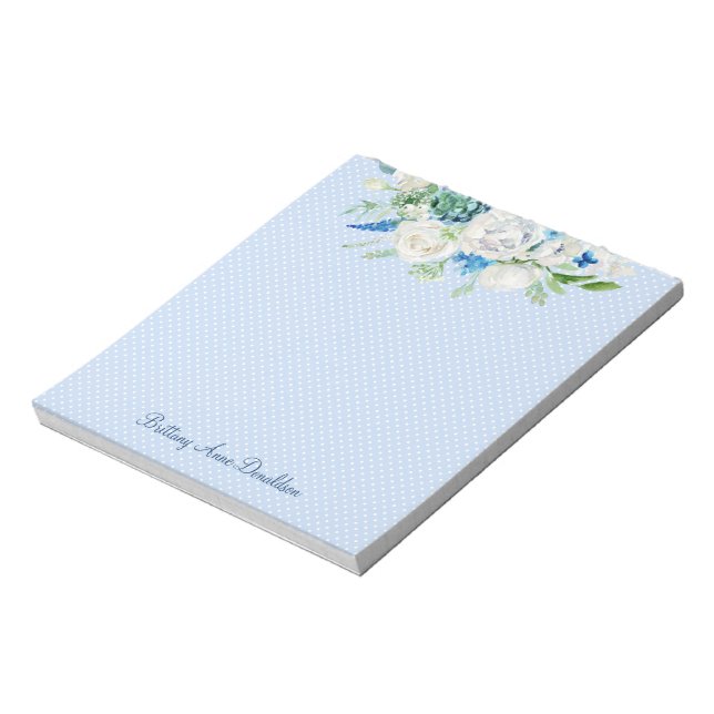 Blue White Dot Watercolor Floral Custom Monogram Notepad (Rotated)