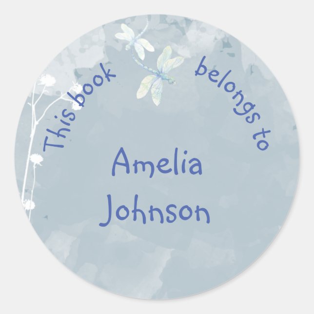 Blue White Dragonfly  Book Plate Classic Round Sticker (Front)