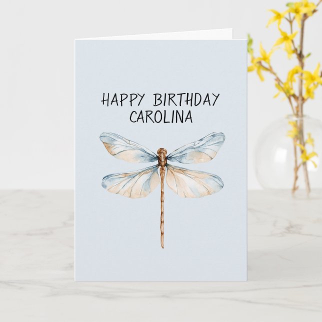 Blue White Dream Dragonfly Birthday Card (Yellow Flower)