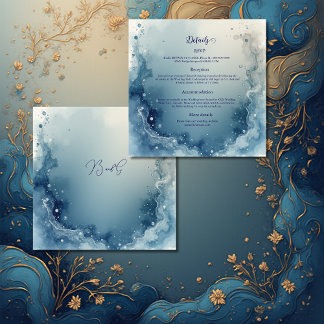 blue white Dreamy coastal marble ink wedding Enclosure Card
