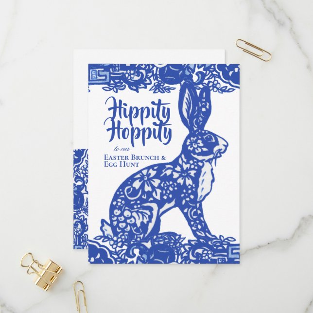 Blue & White Easter Bunny Brunch Egg Hunt Invitation Postcard (Front/Back In Situ)