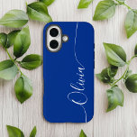 Blue White Elegant Calligraphy Script Name iPhone 16 Case<br><div class="desc">Blue White Elegant Calligraphy Script Custom Personalised Name iPhone 16 Smart Phone Cases features a modern and trendy simple and stylish design with your personalised name in elegant hand written calligraphy script typography on a blue background. Designed by ©Evco Studio www.zazzle.com/store/evcostudio</div>