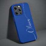 Blue White Elegant Calligraphy Script Name Case-Mate iPhone 14 Case<br><div class="desc">Blue White Elegant Calligraphy Script Custom Personalised Name iPhone 14 Smart Phone Cases features a modern and trendy simple and stylish design with your personalised name in elegant hand written calligraphy script typography on a blue background. Designed by ©Evco Studio www.zazzle.com/store/evcostudio</div>
