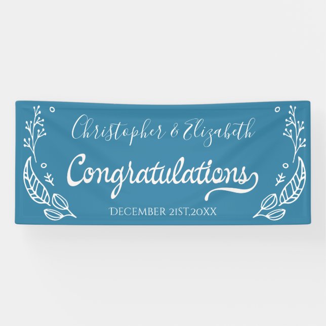 Blue White Elegant Chic Wedding Congratulations Banner (Horizontal)