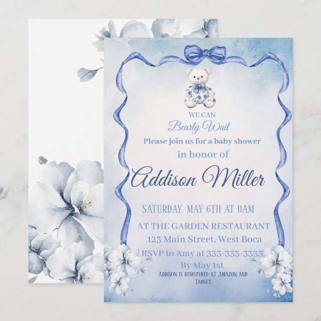 Blue&White Elegant Flowers,We Can Bearly Wait,   Invitation (Front/Back)