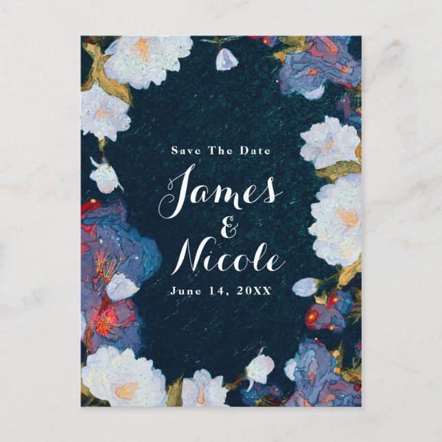 Blue & White Elegant Modern Floral Save the Date Announcement Postcard (Front)