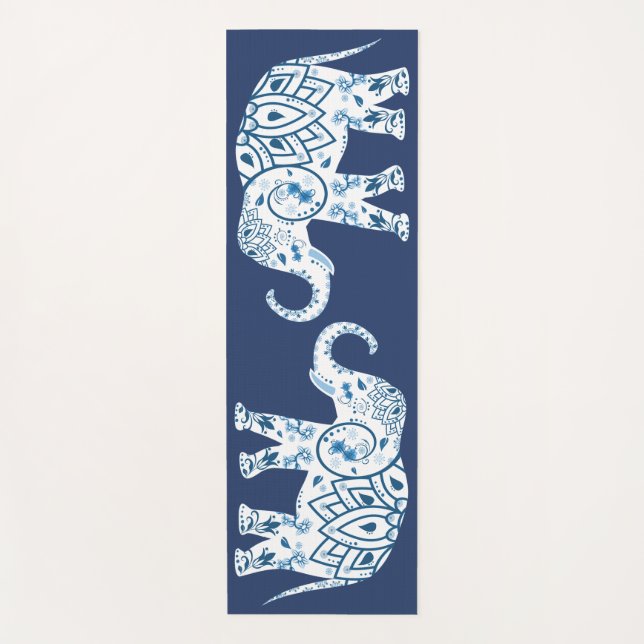 Blue White Elephants Yoga Mat (Front)