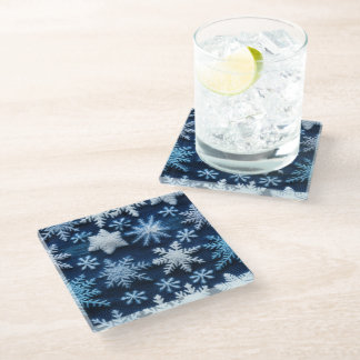 BLUE & WHITE EMBROIDERY LOOK WINTER SNOWFLAKES GLASS COASTER