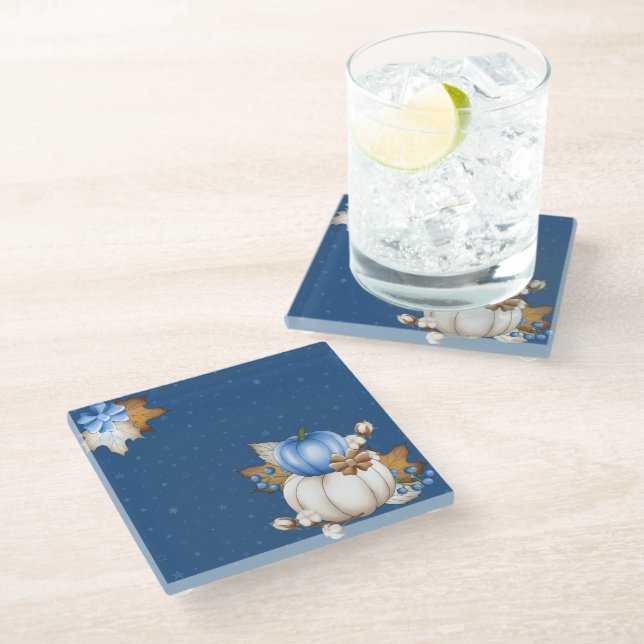 BLUE & WHITE FALL PUMPKINS & AUTUMN LEAVES GLASS COASTER (Angled)