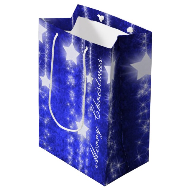 Blue & White Falling Stars Holiday Gift Bag (Front Angled)