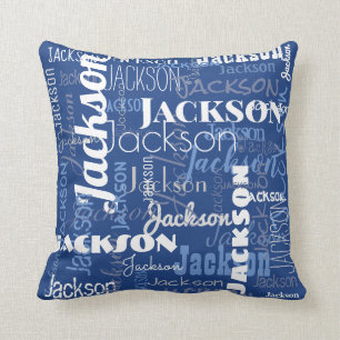 Blue White Family Name Pattern Modern Typography Cushion