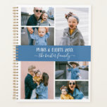 Blue White Family Photo Collage Planner<br><div class="desc">Stylish planner you can personalise with six of your own photos in a minimalist photo collage. Personalise further with your name or family name in white calligraphy letters. The back features a pattern of preppy blue and white stripes.</div>