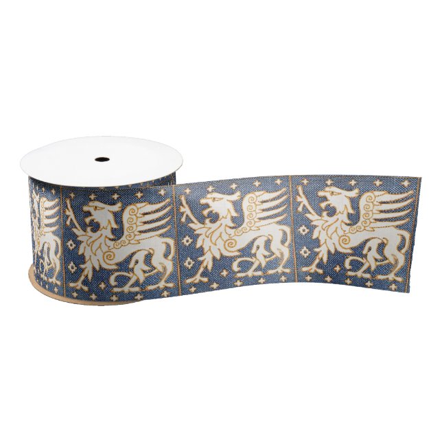 BLUE WHITE FANTASY GRYPHONS SATIN RIBBON (Spool)