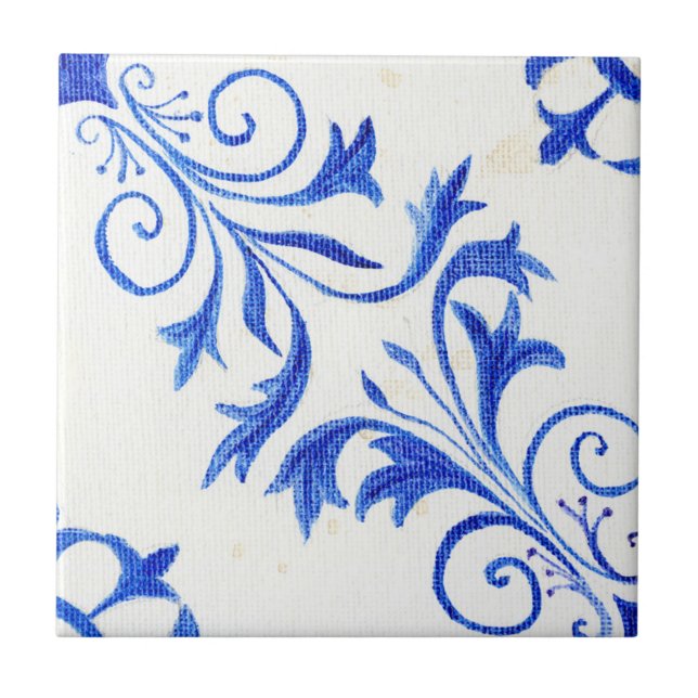 Blue White Farmhouse Rustic Scroll n Leaf Pattern Tile (Front)