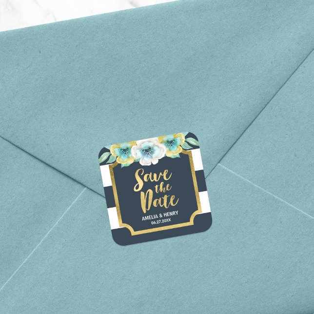 Blue White & Faux Gold Floral Save the Date Square Sticker (Creator Uploaded)